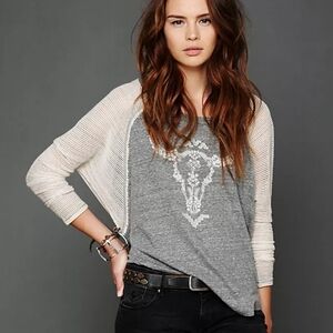 Free People Gray and Cream Graphic Top